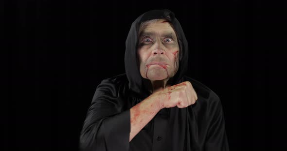 Old Executioner Halloween Makeup and Costume Elderly Man with Blood on His Face