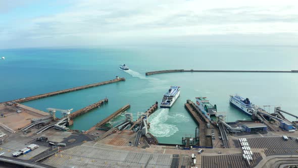 Aerial View of the Dover Harbor with Ferries and Cruise Ships in Dover UK