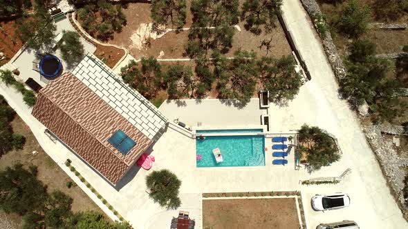 Aerial view of villa with swimming pool, Sumartin, Brac island, Croatia.