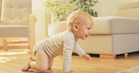 Small Clever Smiling Happy Beaver Baby Crawling on the Living Room Carpet Cute Adorable Toddler