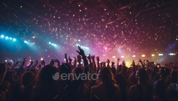 Euphoric Concert Crowd with Hands Raised in Lights - AI Generative