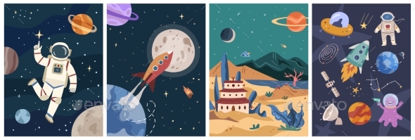 Space Planet and Astronauts Rocket and Galaxy