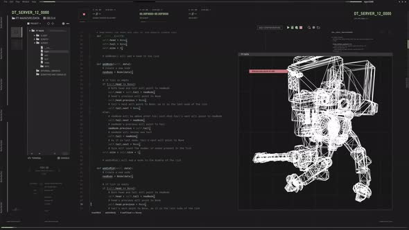 Programming code commands to project futuristic robot in digital cyberspace