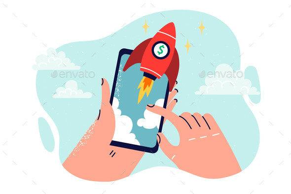 Mobile Phone with Flying Rocket in Hands of Person