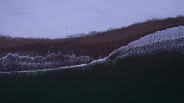 Bird Eye View of Barents Sea Waves Crashing on a Sandy Beach Covered By Snow