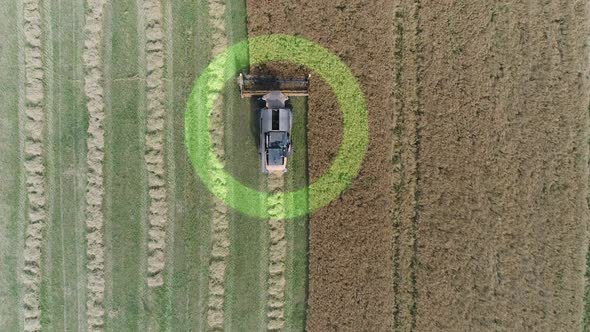 Electric Combine, Harvester Removes Oats, View From Height, Tracking GPS System, HUD, Motion