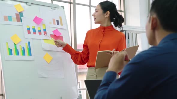 Young Woman Explains Business Data on White Board