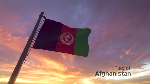 Afghanistan Flag on a Pole with Sunset / Sunrise Sky Background