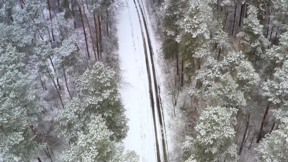 Cinematic Drone Tilt Reveal Shot Winter Forest Road Frosty Day