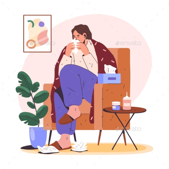 Vector Illustration of Sick or Ill Woman at Home