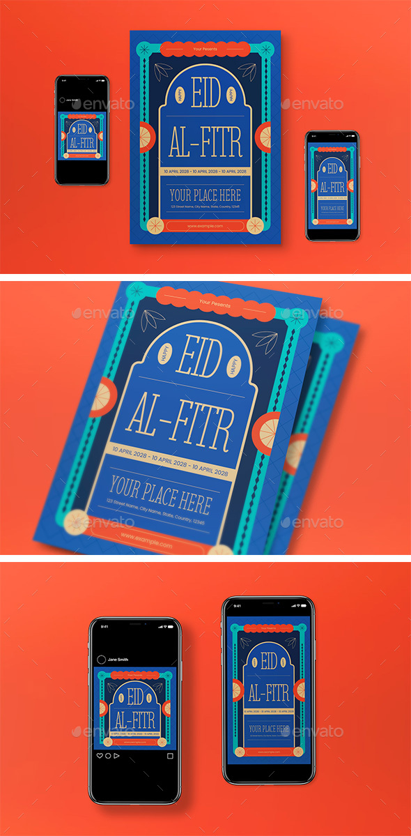 Blue Geo Minimalism Eid Al-Fitr Flyer Set