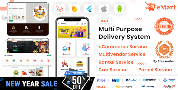 eMart | Multivendor Food, eCommerce, Parcel, Taxi booking, Car Rental App with Admin and Website