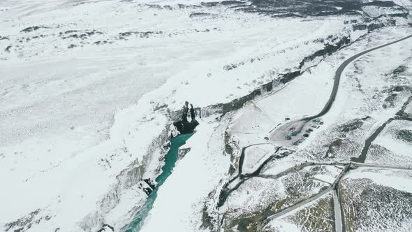 View of Frozen Iconic Gullfoss Waterfall in Iceland