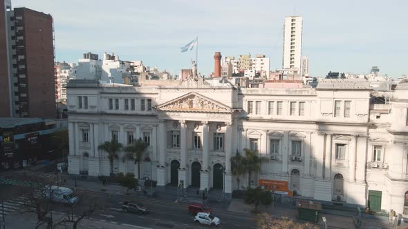 Aerial dolly in flying over Faculty of Economic Sciences, part of the prestigious University of Buen