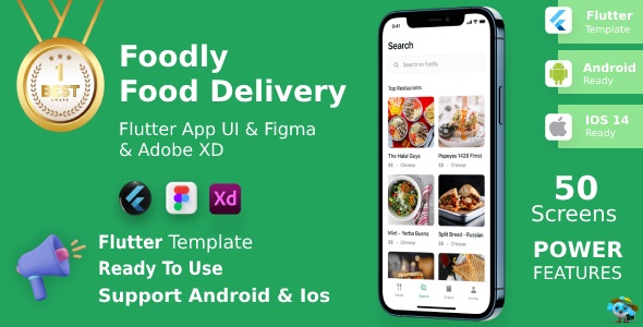 Foodly App ANDROID + IOS + FIGMA + XD | UI Kit | Flutter | Food Delivery & Order Premium App