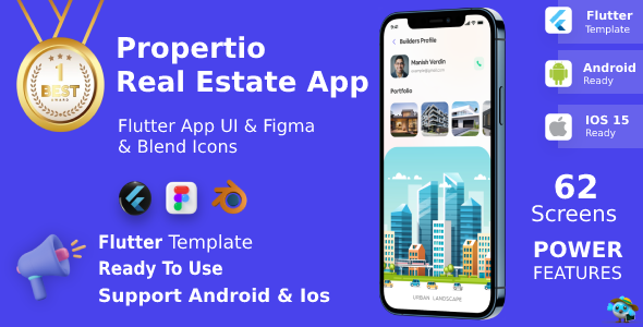 Propertio - Real Estate App ANDROID + IOS + FIGMA + 3D Blend Icons | UI Kit | LifeTime Update