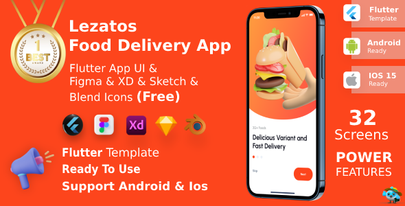 Lezatos ANDROID + IOS + FIGMA + XD + SKETCH + Blend Icons | UI Kit | Flutter | Food Delivery