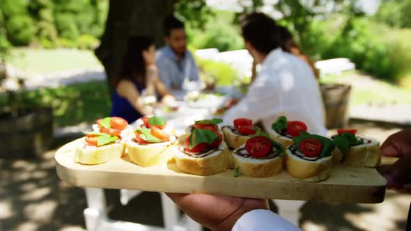 Waiter serving appetizers to couples