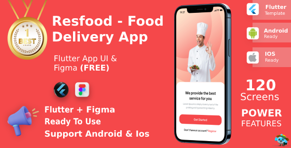 ResFood ANDROID + IOS + FIGMA | UI Kit | Flutter | Food Delivery App | Free Figma File