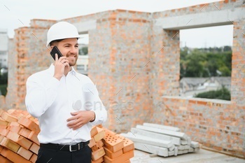 Construction concept of Engineer working at Construction Site with blue print.