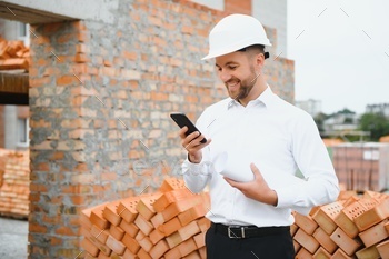 Construction concept of Engineer working at Construction Site with blue print.