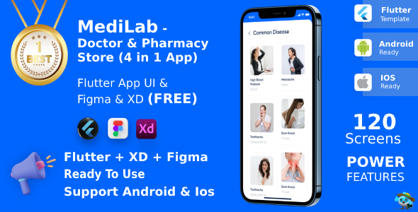 MediLab Doctor & Pharmacy ANDROID + IOS + FIGMA + Sketch + Sonar Qube Test Report | UI Kit | Flutter