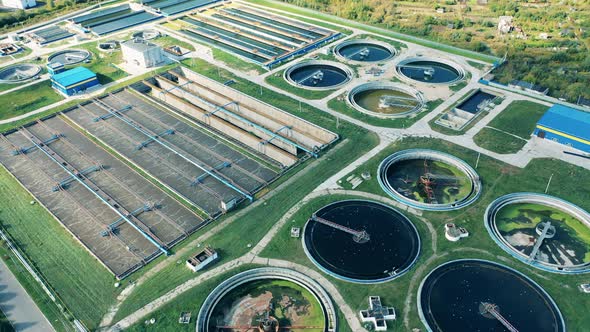 Top View of the Wastewater Treatment Complex Located Outdoors. Aerial View of Waste Water Treatment