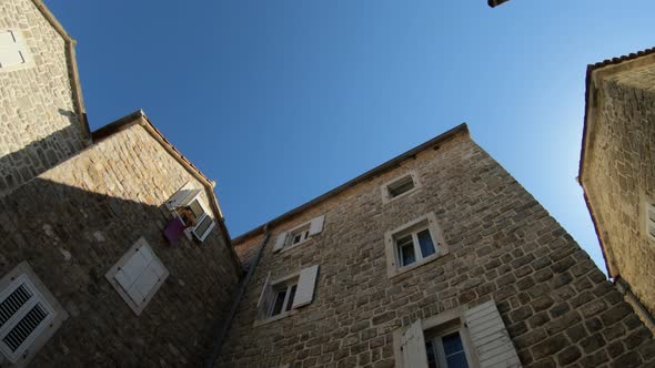 Old Brick Houses of Venetian and Mediterranean Architecture. Bottom View and Low Angle of Buildings