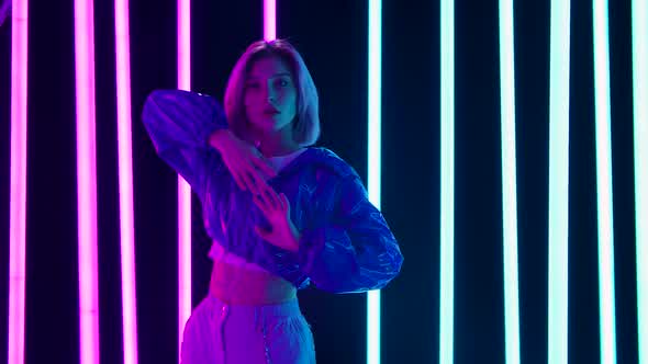 Portrait Young Stylish Sexual Blonde Pink Short Hair Poses Against Dark Studio Background Bright