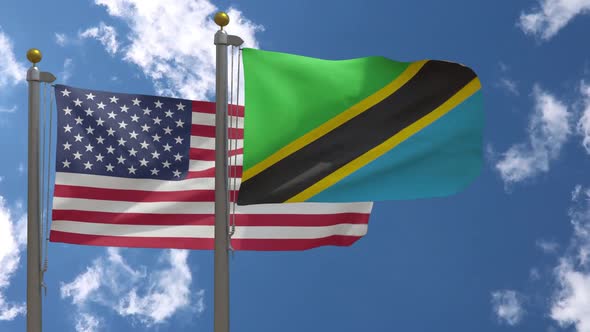 Usa Flag Vs Tanzania Flag On Flagpole