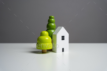 House and decorative trees, figurines. Buying and selling real estate. Housing prices.