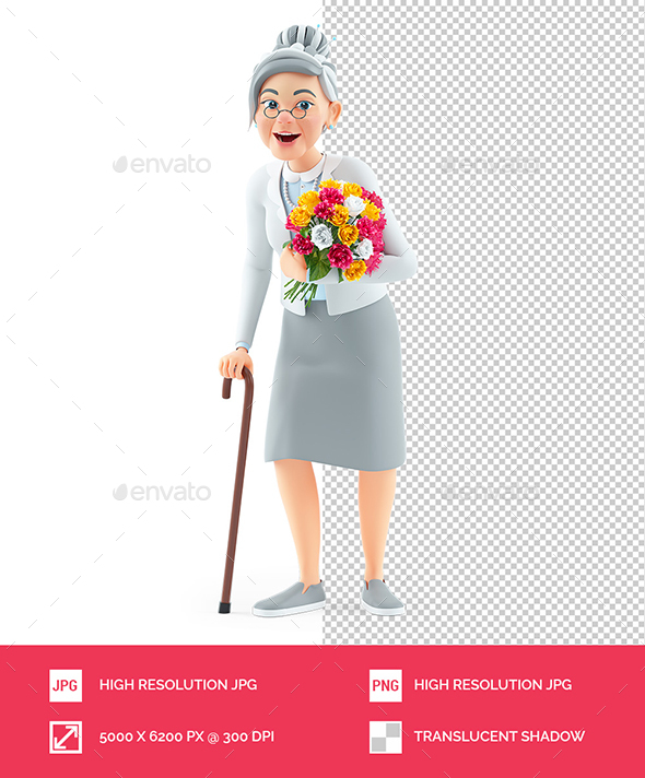 3D Cartoon Granny Holding Flower Bouquet