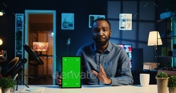 g, giving reasons to purchase. Influencer urging subscribers to buy sponsoring partner isolated screen digital device during his internet show