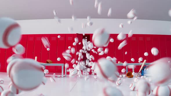 A large number of baseballs jumping out from the locker in the changing room.