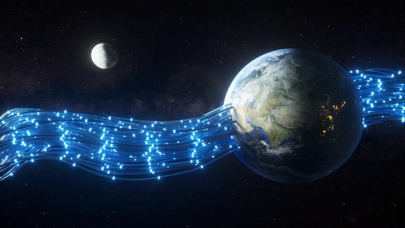 Wires Passing Through the Planet Earth and Giving It Energy. The Pulses Run Along the Fiber Optic