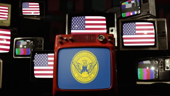 Flag of Atlanta and Flags of United States on Retro TVs.
