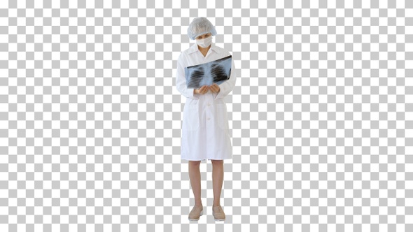 Woman Doctor in Mask Looking at lung Xray, Alpha Channel