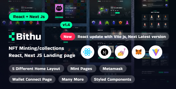 Bithu - NFT Minting/Collection React, Next JS Landing Page Template