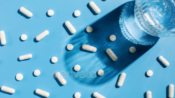 Various vitamins and pills on a blue background. Medicine, treatment and health.