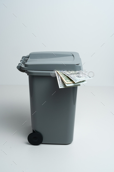 Money banknotes in garbage bin