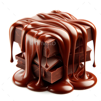 Melting chocolate pieces isolated on white background. AI Generative