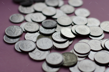 a lot of coins, russian ruble, counting money, economy concept, allocation of money, wealth