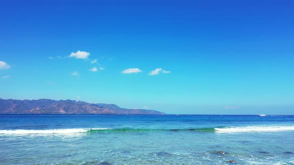 Aerial view tourism of perfect island beach holiday by shallow lagoon and bright sandy background of