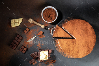 tasty chocolate cake on a dark background. banner, menu, recipe place for text, top view