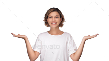 Choice, Comparison, Balance Concept With Woman in T-Shirt in Studio