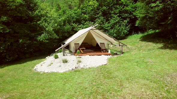 Tracking shot of a glamping tent in an eco camping in Slovenia.