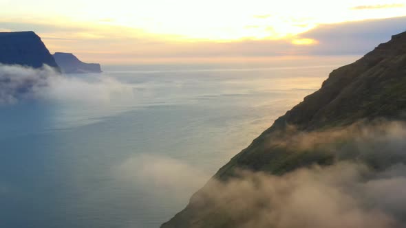 Drone Flight Of Mist And Sunrise From Vidareidi