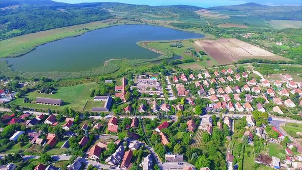 Aerial view over Belso lake and neighborhood houses in Tihany in summer. Hungary