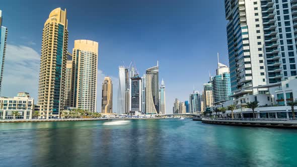 View of Dubai Marina Towers and Canal in Dubai Timelapse Hyperlapse