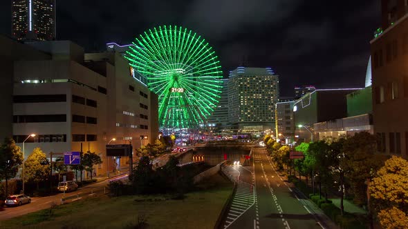 Night Road Car Traffic Tokyo District Ferris Wheel